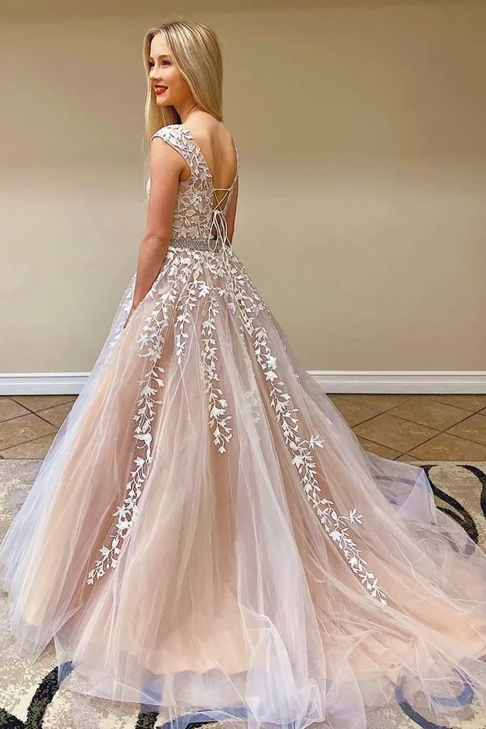 Chic Pretty Long A-line Scoop Neckline Backless Princess Prom Dress With Lace Appliques K918