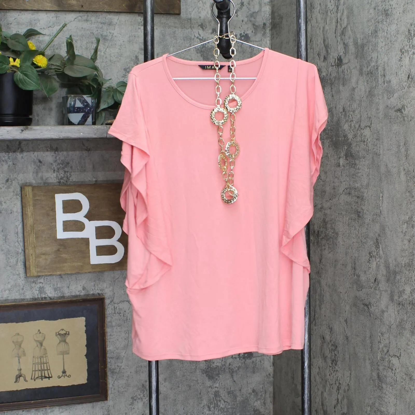 Global Chic By Iman Boho Chic Flutter Sleeve Top Necklace Bright Coral Pink 1X
