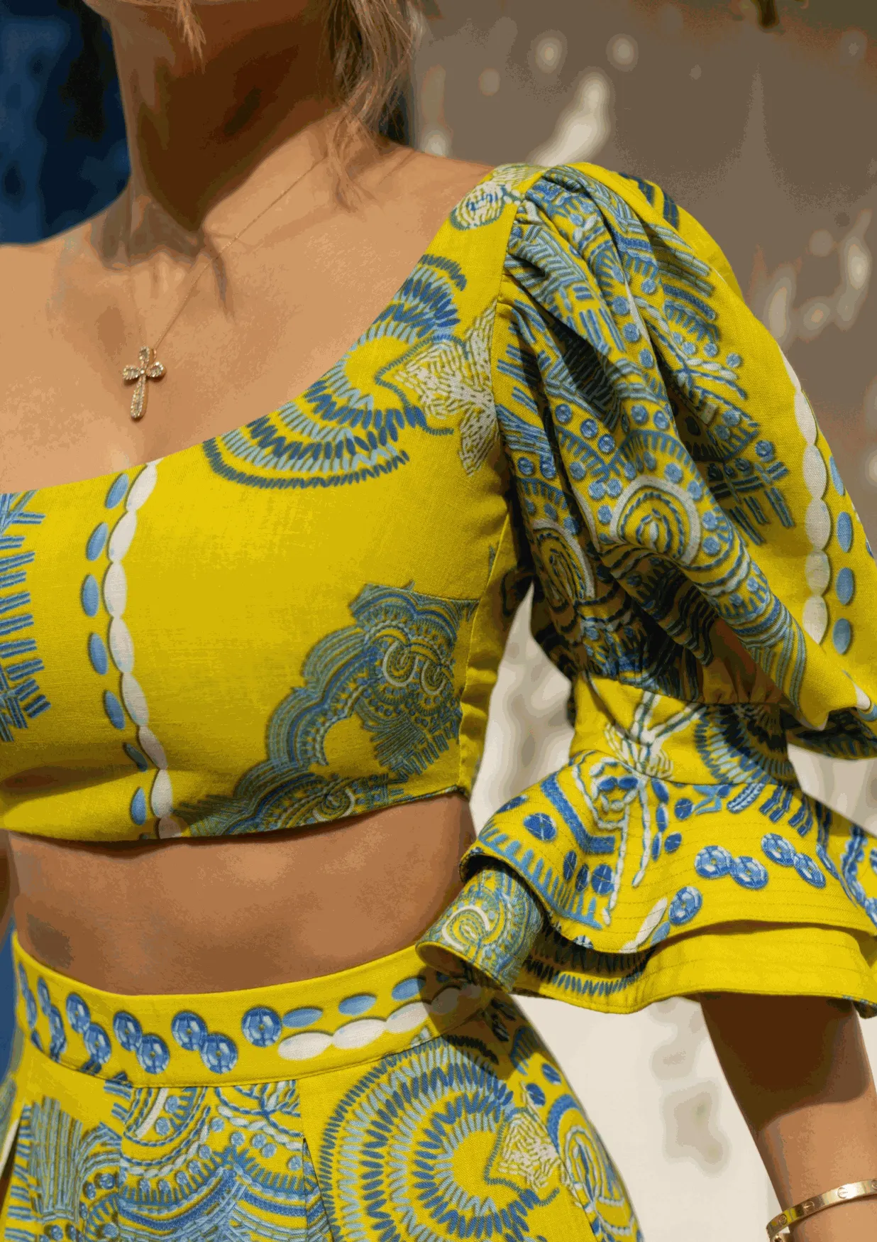 Mónaco Palazzo Set – One-Shoulder Crop Top & Wide-Leg Pants in Yellow & Blue Print | Luxury Resortwear 2025