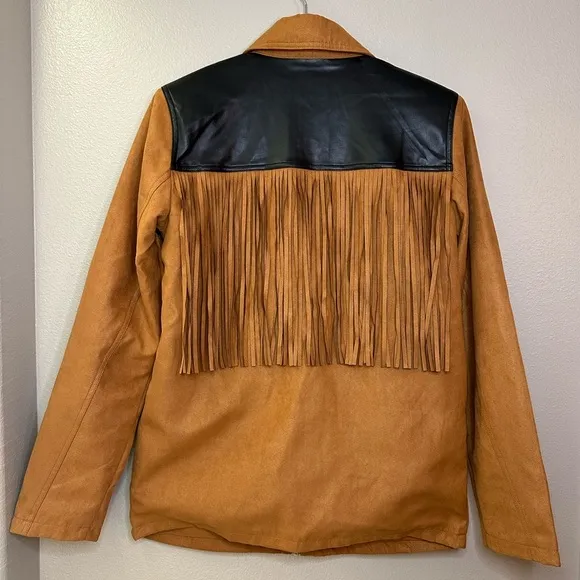 NEW WeWoreWhat Fringe Faux Suede Leather Full Zip Jacket Acorn Black Western