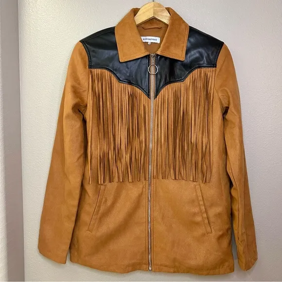 NEW WeWoreWhat Fringe Faux Suede Leather Full Zip Jacket Acorn Black Western