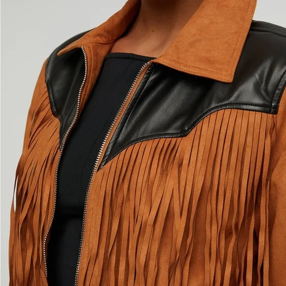 NEW WeWoreWhat Fringe Faux Suede Leather Full Zip Jacket Acorn Black Western