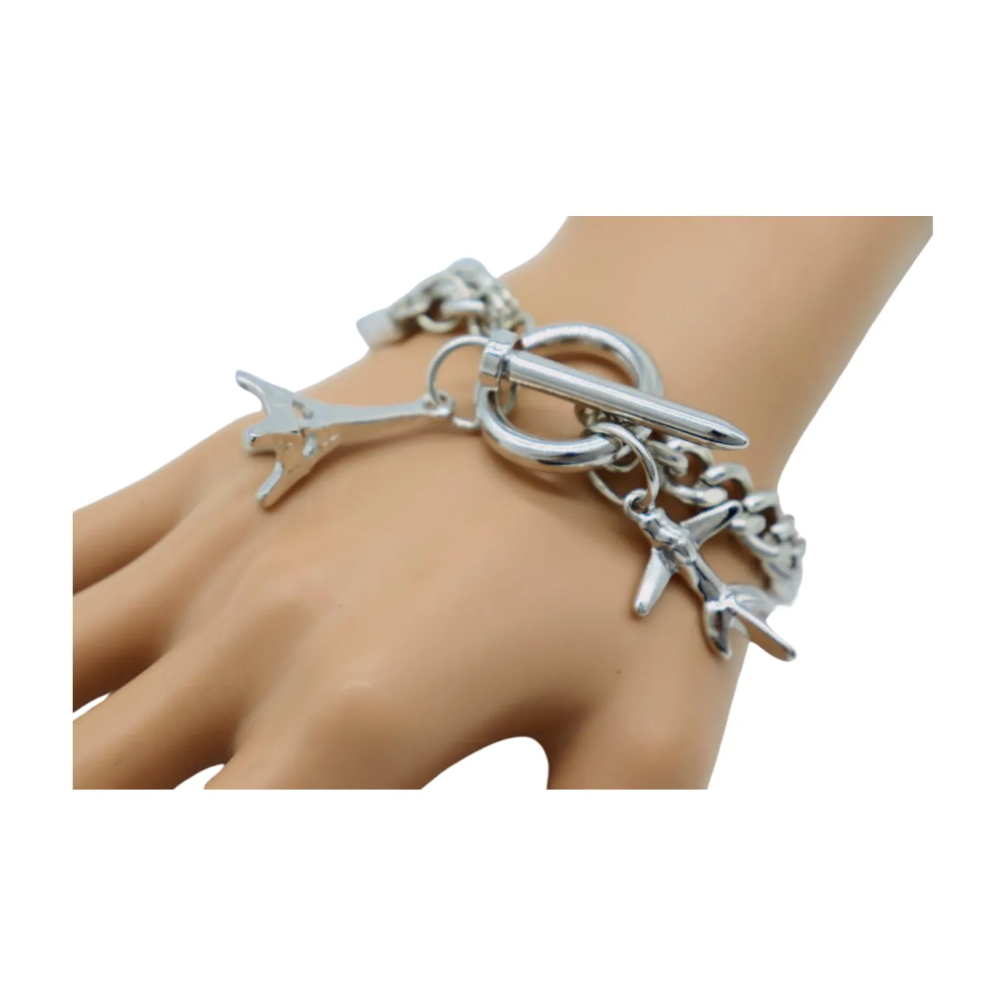 New Women Silver Metal Chain Links Wrist Bracelet Airplane Eifel Tower Charms France