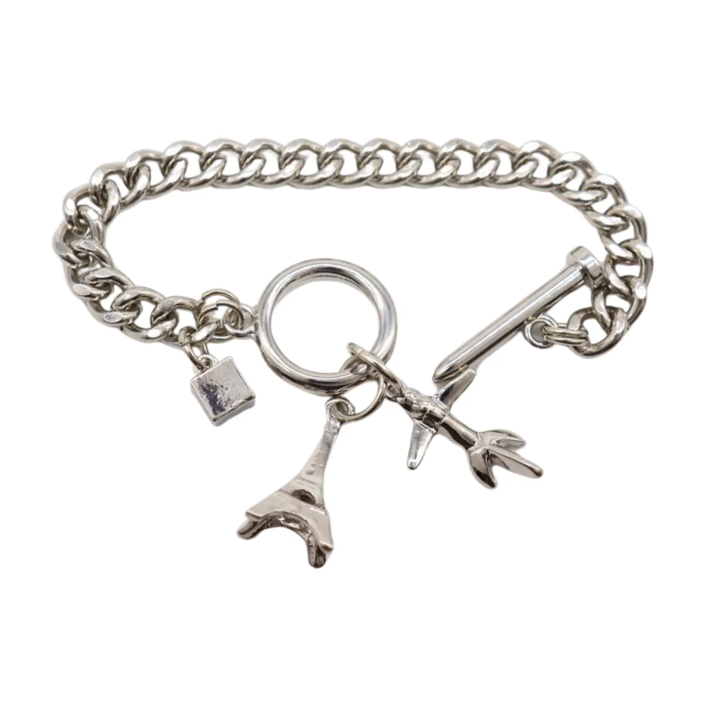 New Women Silver Metal Chain Links Wrist Bracelet Airplane Eifel Tower Charms France