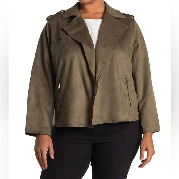 NWT T Tahari Faux Suede Cropped Moto Jacket in Olive Green