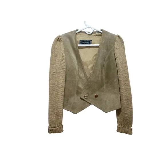 RARE David Benjamin Suede Leather Vest Jacket Large Knit Sleeves Western Biker
