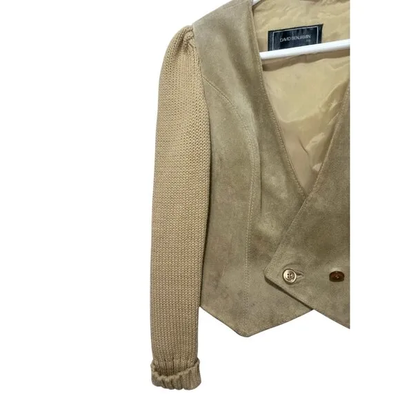RARE David Benjamin Suede Leather Vest Jacket Large Knit Sleeves Western Biker