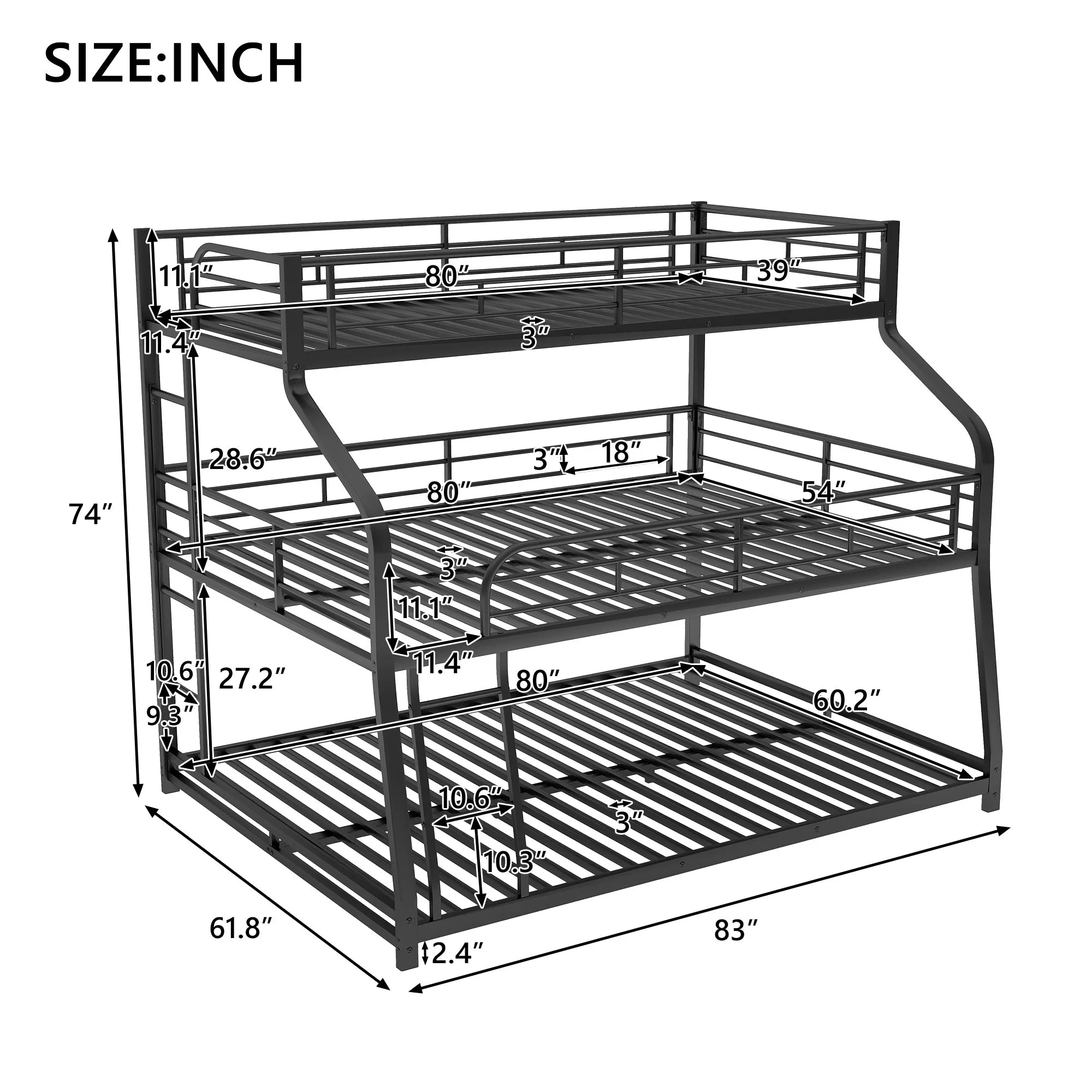 Simple Durable Bunk Bed with Long and Short Ladder and Guardrails