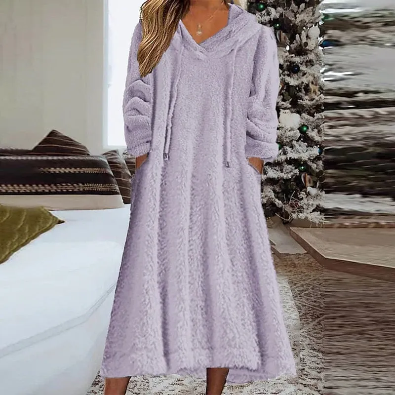 Warm Hooded Sweatshirt Loose Dress for Women Fleece Long Sleeve Pullover A-Line Dress