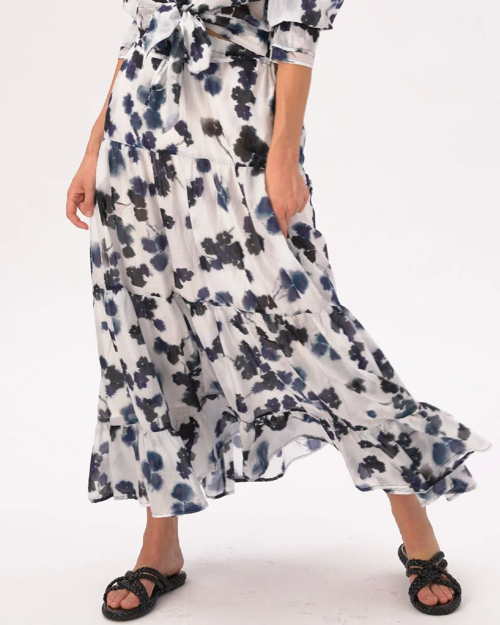 Watercolor Small Floral Pleated Tiered Cotton Skirt